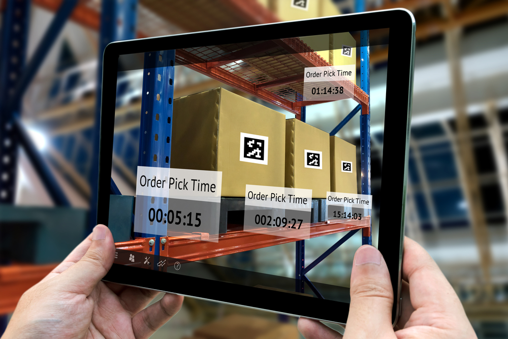 Tablet with augmented reality application for check order pick time in smart factory.